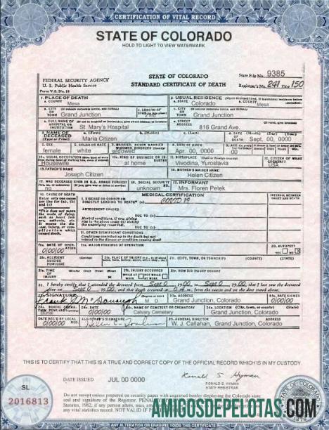 Em branco modelo de certidão de óbito do estado do Colorado nos EUA em formato PSD